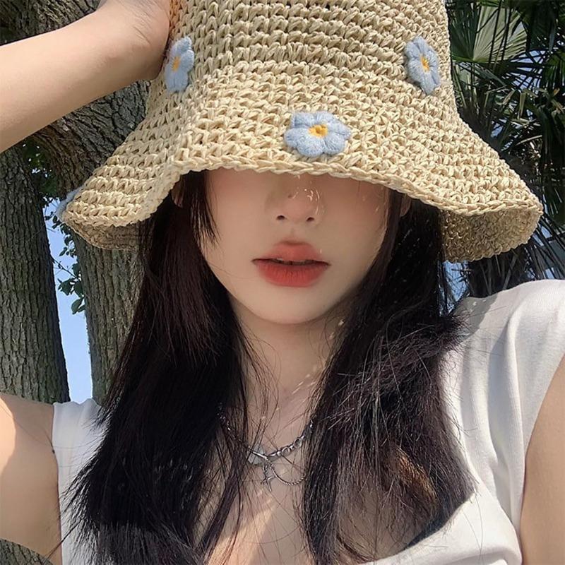 Summer UV Protection Holiday Beach Flower Design Straw Hat Women's Straw Crochet Bohemian Foldable Panama Sun Hat