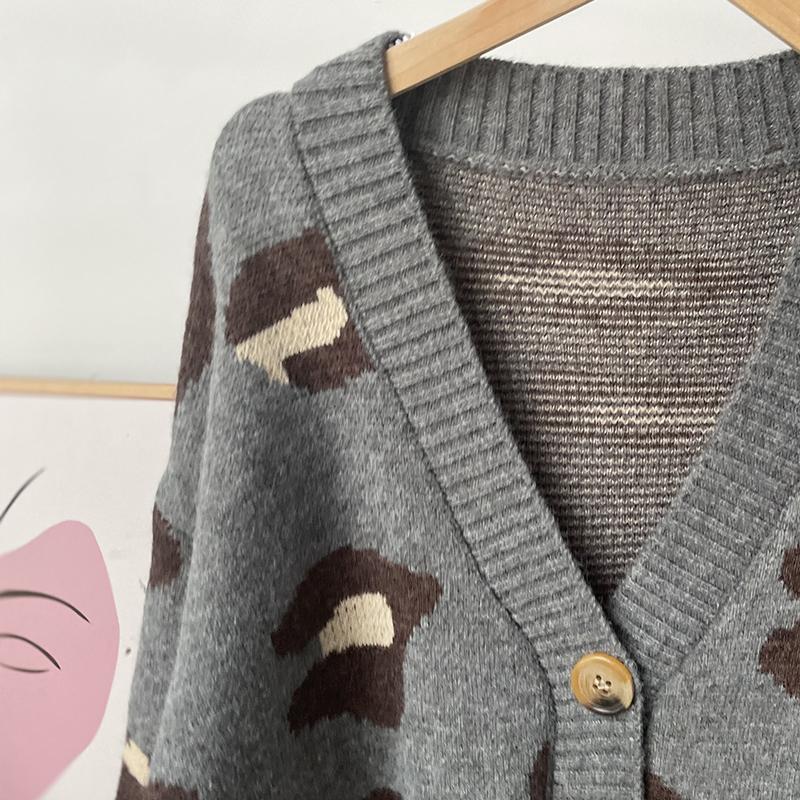 Hirsionsan Myk strikket Leopard Cardigan Dame 2023 Høst Ny V-hals Y2k Crop Dame Genser Oversized Varme Dameklær