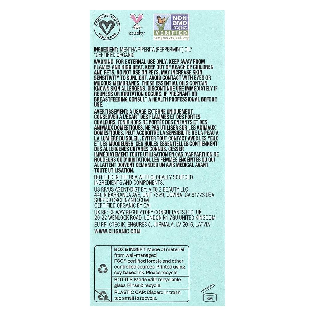 Organic Essential Oil, Peppermint, 10 Ml (0.34 Fl Oz)