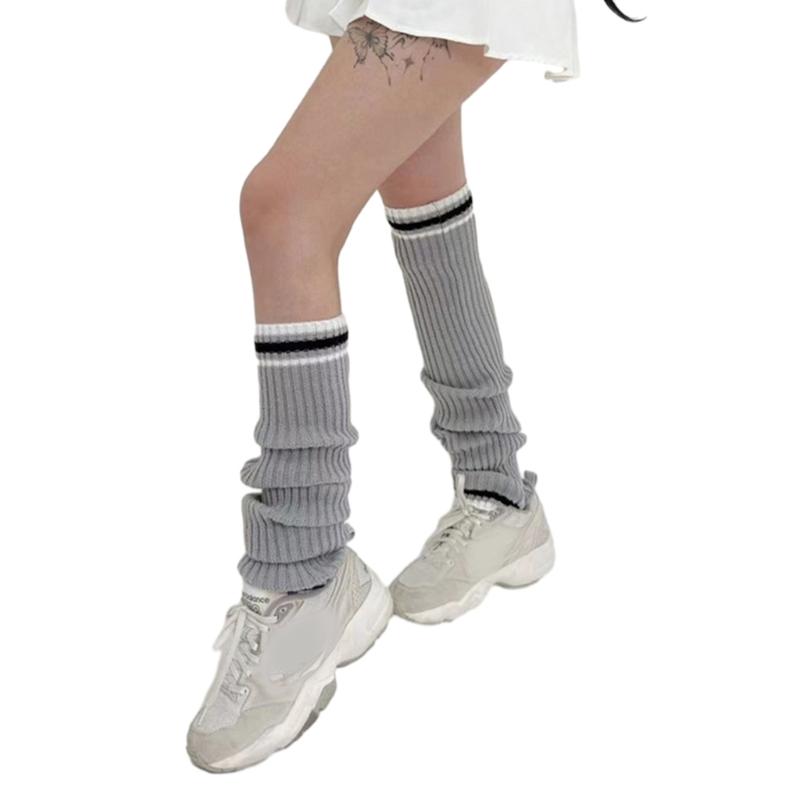 Student Vintage Double Striped Ribbed Knit Leg Warmers Slouch Leg Covers Boot Cuffs Stretchy Long Boot Socks for Women