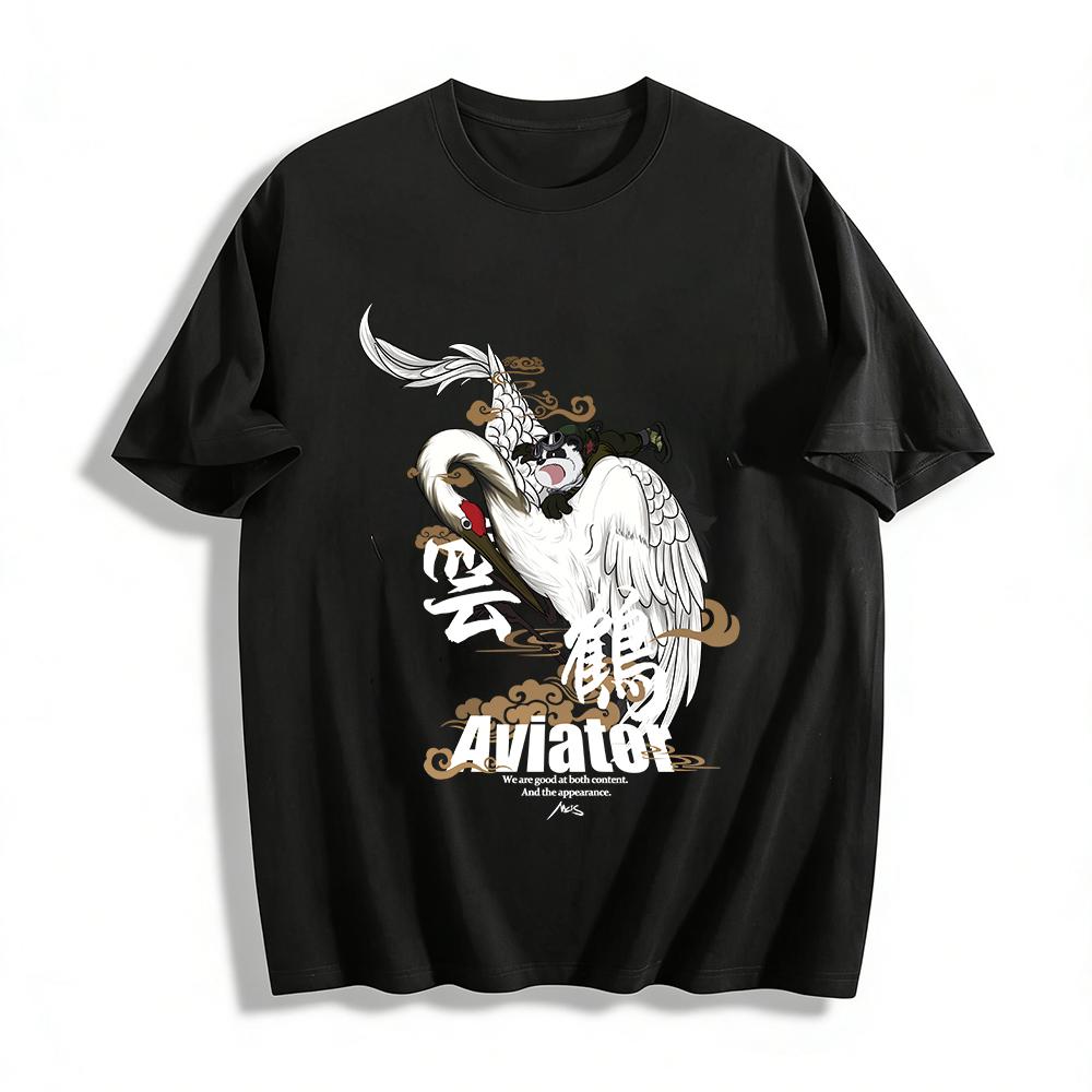 

Chinese Style Panda Riding Crane Graphic Casual Top Pure cotton T-shirt XXS