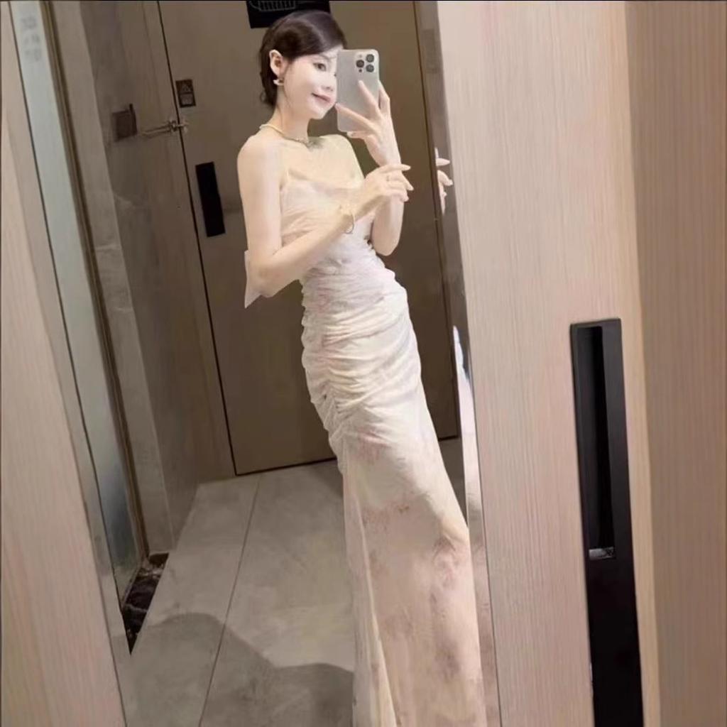 Suspender Dress Printed Pleated Mesh Outer Wear Inner Slim and Thin Temperament Fairy Pure Desire Style Design Long Dress