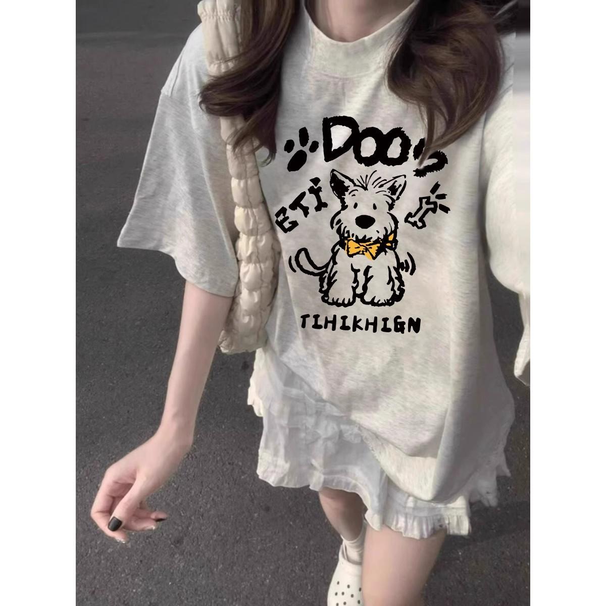 

Grey short-sleeved t-shirt women s tide large size new summer American retro unique loose bottoming round neck half-sleeved top m (recommended 80-100)