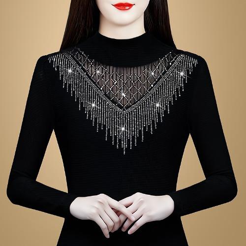 Black Semi-turtleneck Inner Warm Bottoming Shirt Women's Autumn and Winter Velvet Thickened Slim-fitting Long-sleeved T-shirt