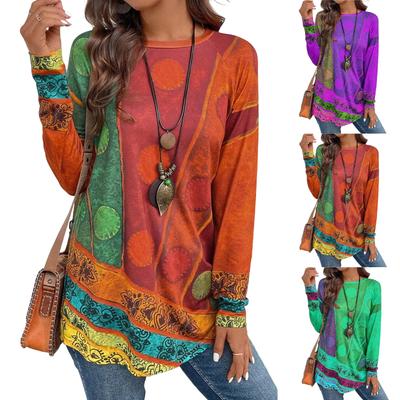 Lässiges Damen-T-Shirt in Übergröße mit langen Ärmeln, Rundhalsausschnitt und Vintage-Ethno-Print, Pullover