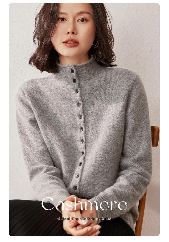 Women's Luxury Cashmere Knit Cardigan - Solid Color, Half-High Neck, Single-Breasted, Loose, Slimming, Versatile Sweater Coat