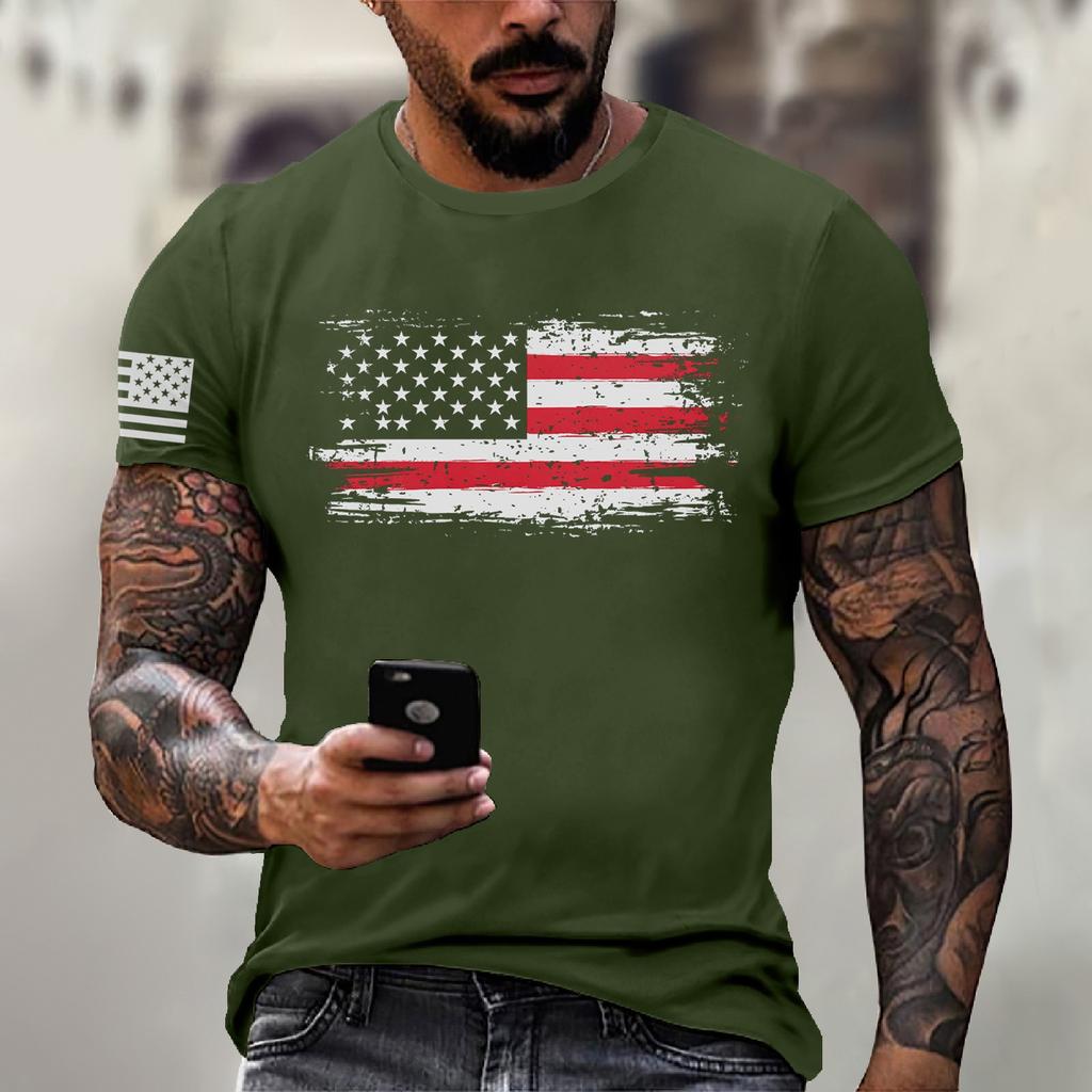Men's Fashion Casual Short Sleeve Round Neck Independence Day Flag T-Shirt Top