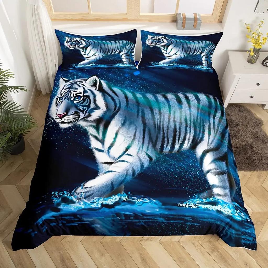 New Tiger Bedding Set Red Rose Flower Africa Big Cat Comforter Cover Set Animal Themed 2-3Pcs Queen Size Duvet Cover Set