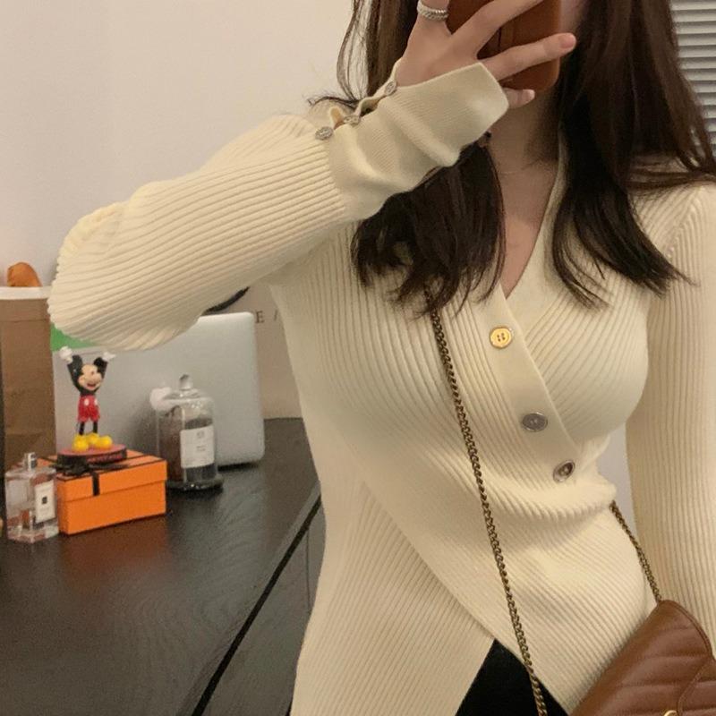 Maglioni a maniche lunghe con scollo a V, stampati in tinta unita, casual, autunno inverno, da donna