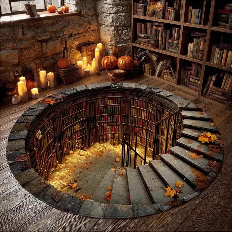 Runder Teppich mit 3D-Illusion Treppenhaus der Bibliothek, Gemütliches literarisches Geschenk für Zuhause, Teppich für Lesezimmer