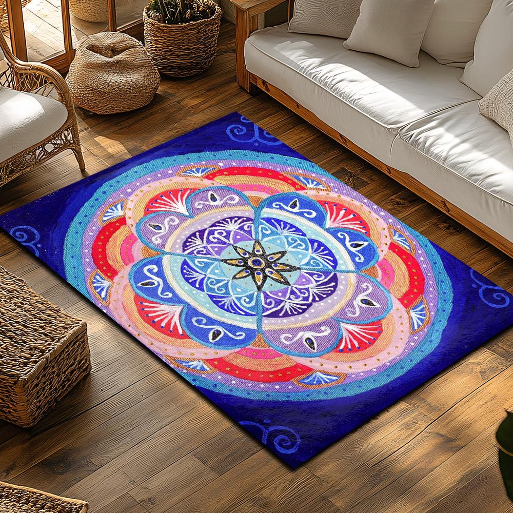 Bohemian Area Rug Mandala Carpet Meditative Floor Mat Spiritual Home Decor Yoga Room Accent Peaceful Living Unique Design Non-Sl