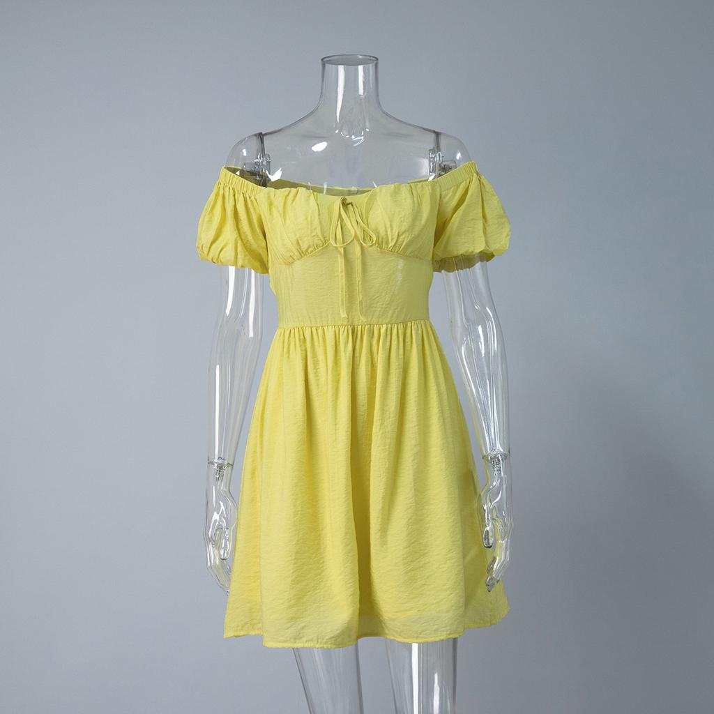 One-word shoulder short-sleeved dress, European and American summer new lace-up waist short skirt, bubble sleeve dress