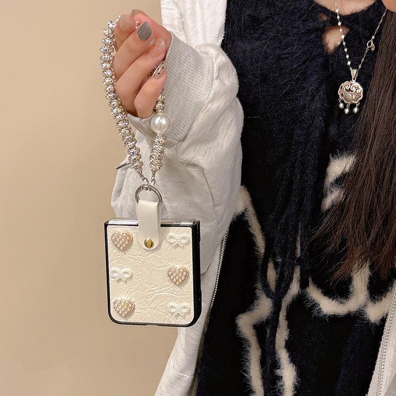 Bow Shaped Heart-shaped Leather Phone Case for Samsung Zflip6 Flip Folding Screen, Fold Bracelet Pocket