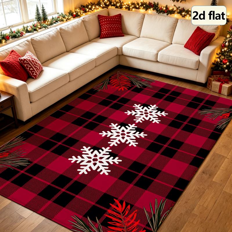 Red Black Buffalo Plaid Snowflake Christmas Decor Rug, All Season Floor Mat for Living Room, Bedroom, Fireplace, Kitchen