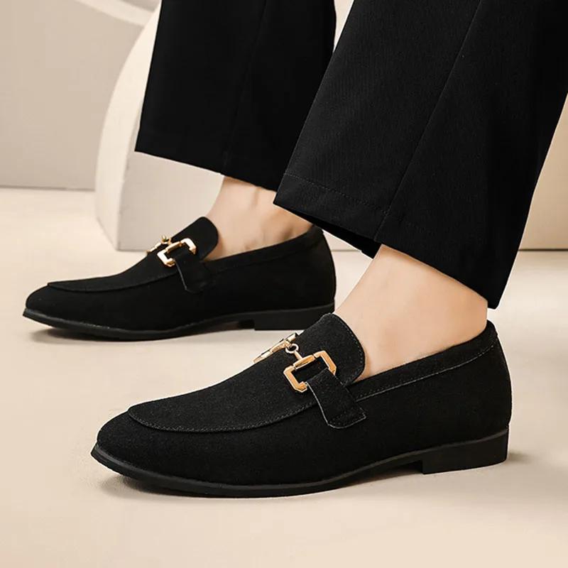 Britain Fashion Retro Men Pointed Black Flats Suede Leather Shoes Man Casual Loafers Formal Dress Footwear Shoes for Men