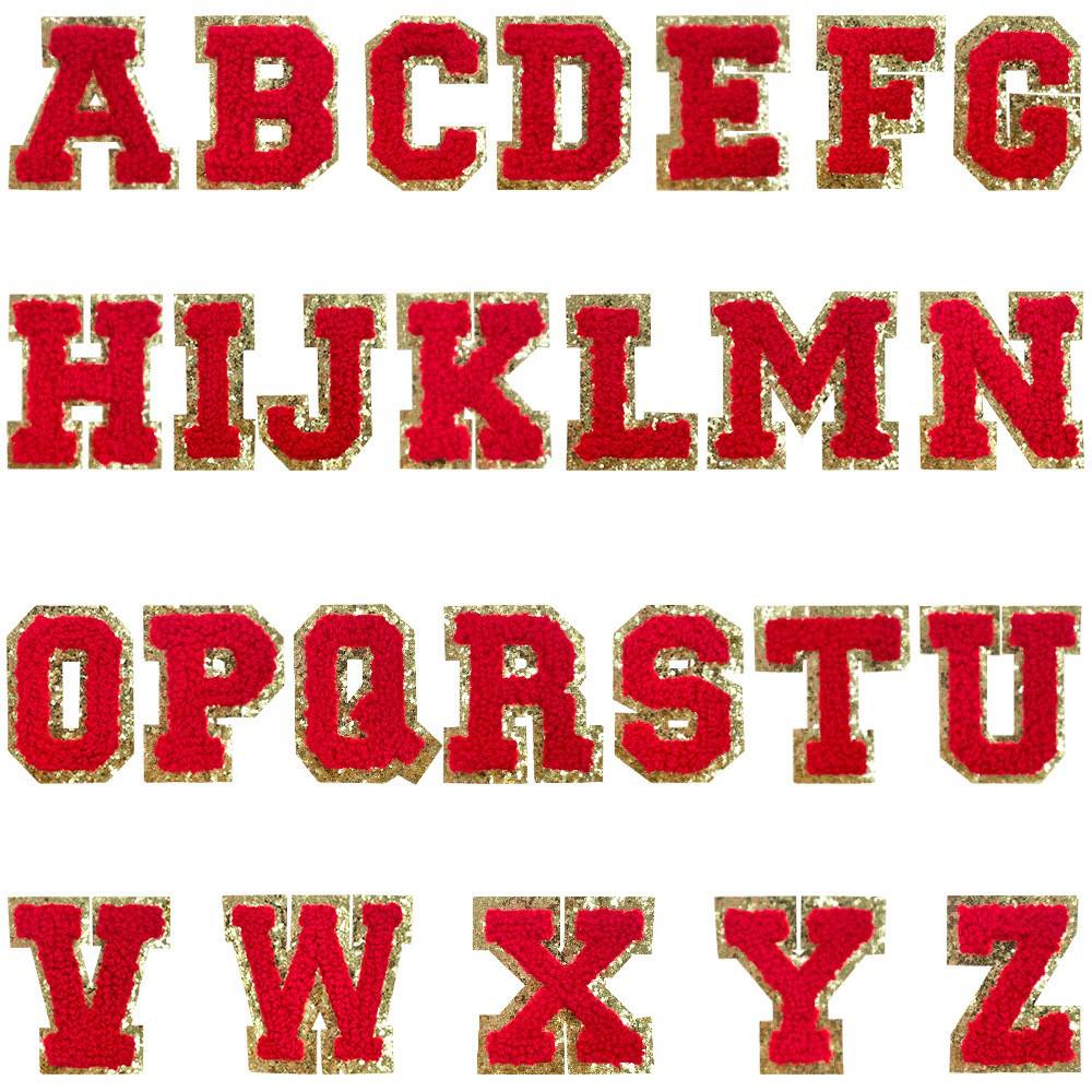 Red A-Z Chenille Embroidery Letter Patches, 5cm Self-Adhesive for DIY Clothing.