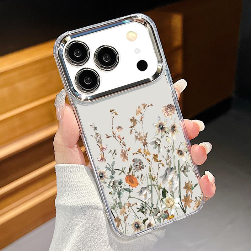 White Flower Pattern Case For iPhone 17 Pro Max iPhone 16 15 14 13 Pro Max 11 17e 16e Plating Lens Frame Clear Soft Silicone Back Cover