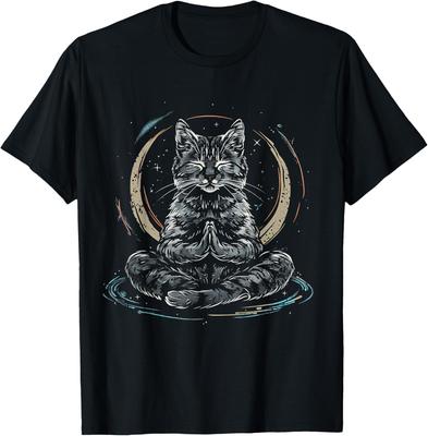 Cosmic Meditation Cat Spiritual Yoga Zen Buddha Graphic Tee Men's Casual Cotton T-Shirt