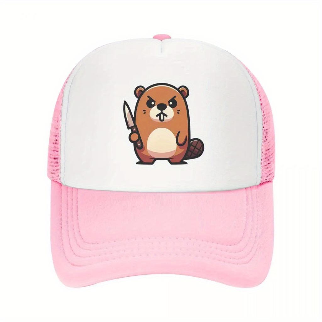 Angry Beaver With Knife Graphic Trucker Cap Polyester Mesh Baseball Hat Adjustable Casual Unisex Headwear