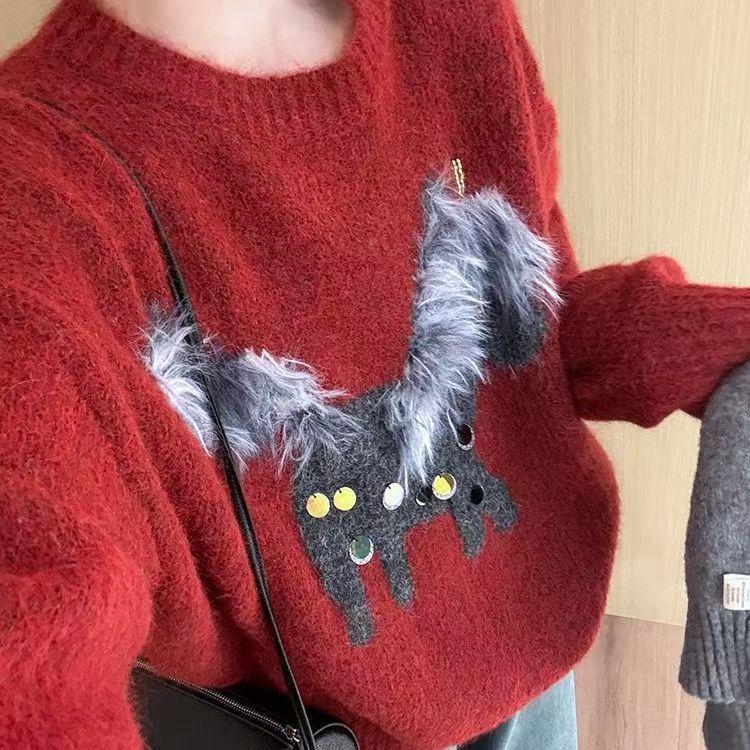 2025 Autumn/Winter Chic Korean Brown Knit Sweater with Little Horse Embroidery – Women's Soft, Loose Fit Top