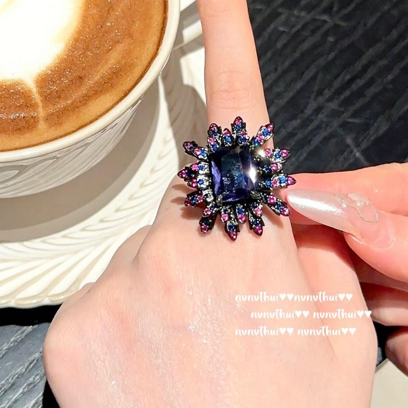Spree Cornflower Gemstone Ring, Antique, 18K Gold Plated, Iris Purple Flower Large Carat Zircon Ring