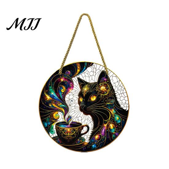 Retro Totems Glass Decoration Stained Style Black Cat And Magic Coffee Cup Hanging Ornament for Window Wall Artistic Art Decor, Acrylic