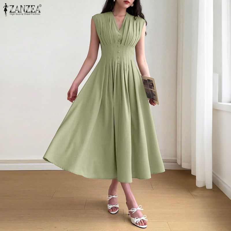 ZANZEA Rochie Casual de Vară cu Gât în V, Fără Mâneci pentru Femei