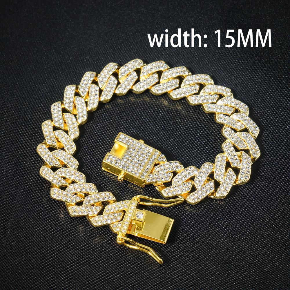 HipHop Men Women 13MM Prong Cuban Link Chain Bracelet Bling Iced Out 2 Row Rhinestone Paved Miami Rhombus Cuban Chain Jewelry