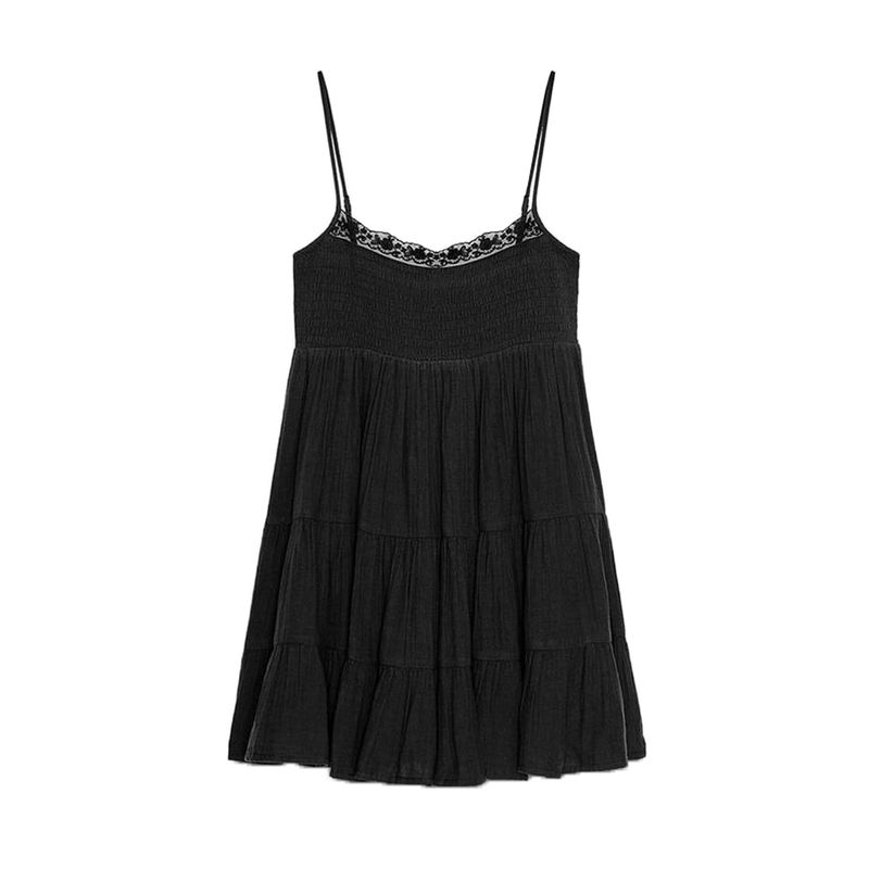 

Summer New Product Women s Clothes Straight Collar Sleeveless Patchwork Lining Lace Decorative Tulle Short Dress 0881319 Black L