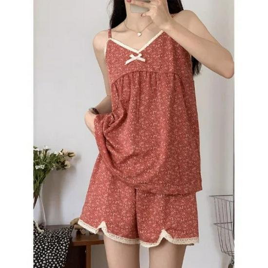 2023 Summer Women's Retro Floral Spaghetti Strap Long Pants Pajamas