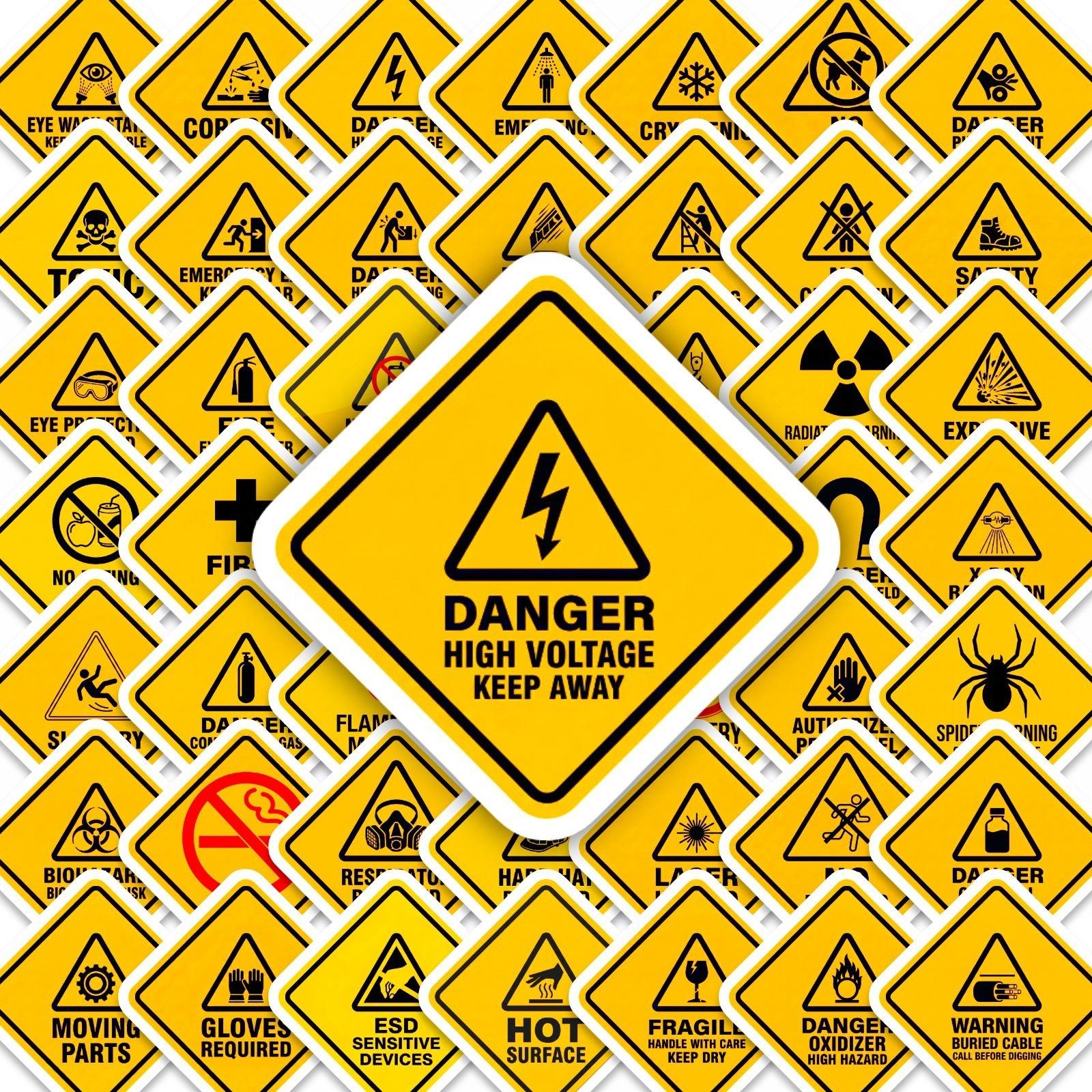 

50 Hazard Warning Stickers Yellow Rhombus Safety Warning Waterproof Self-Adhesive Stickers