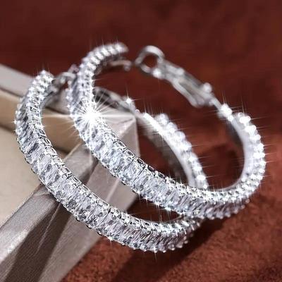 Luxury Sparkling Zircon Hoop Earrings - Diamond-Studded Silver Needle for Women