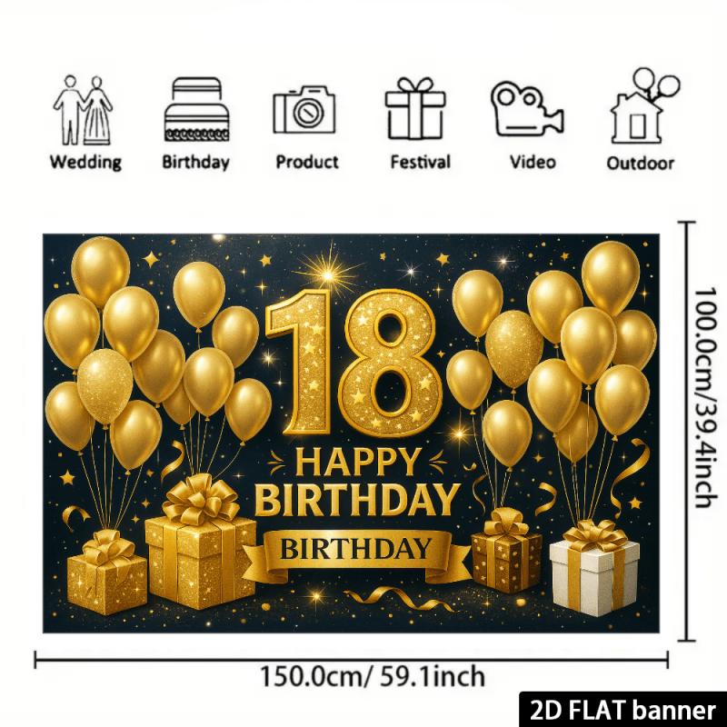 2D planar golden pattern birthday backdrop for 18-year-olds with black background and golden glittered numbers "18".PMJ