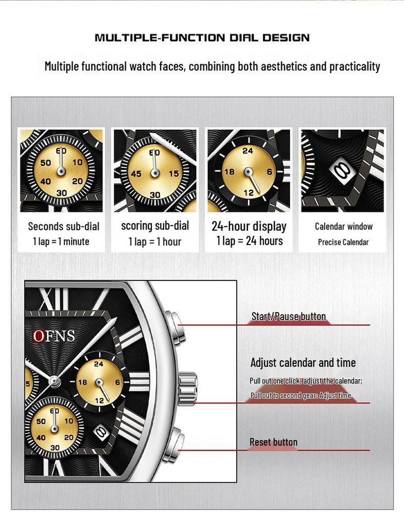European Retro Men's Waterproof Roman Chronograph Wristwatch, Barrel Shape, with Calendar and Six-Hand Quartz Movement, Model 1644