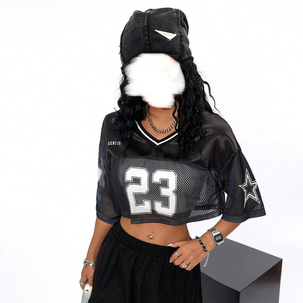 Maglia da Calcio da Donna con Scollo a V a Maniche Corte, Vestibilità Larga, in Rete, Stampa di Numeri e Lettere, T-shirt Oversize, Streetwear Y2K, Top Sportivo Casual Estivo