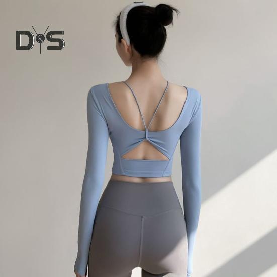 Innen gepolsterte Yoga-Tops für Damen, sexy Rücken, langärmelig, Yoga-Top, Sport, hochelastisch, für Fitnessstudio, Fitness, Laufen, Training, T-Shirt, weich, atmungsaktiv, sportliche Kleidung für