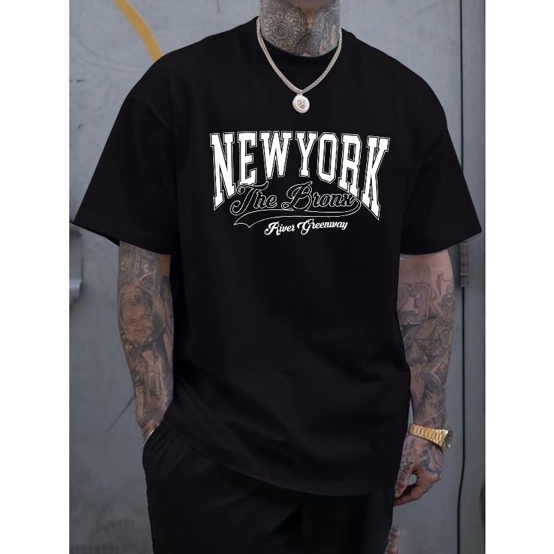 Men'S T-Shirt, New York Letter Print Men'S Short Sleeve T-Shirt, Comfortable Casual Elastic Round Neck Top,for Men'S Outdoor Activities, Plus Size