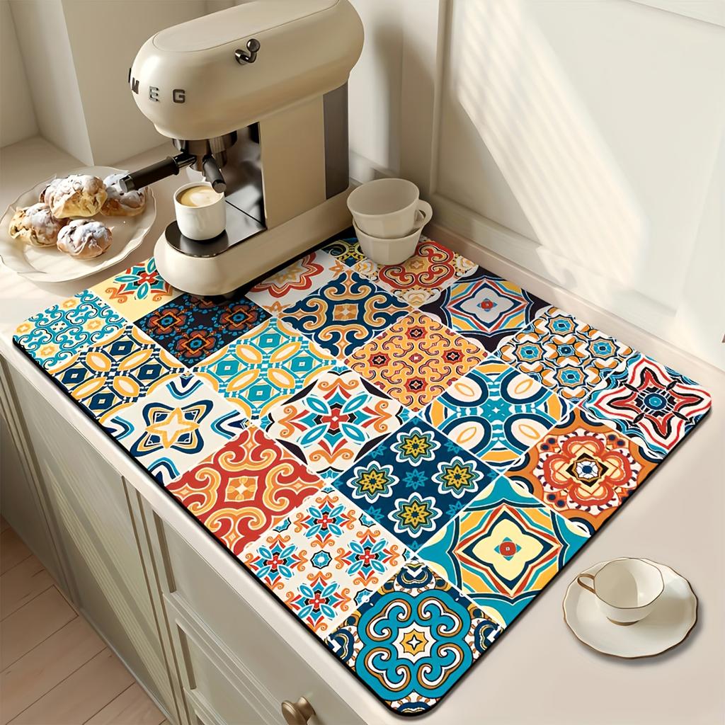 Retro-Blumenfliesen-Küchen-Abtropfmatte Arbeitsplatten-Trockenmatte Esstisch Hitzebeständige Matte