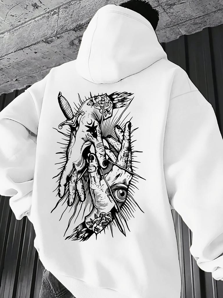 Vintage black line sketch weird hand totem artwork printed men hip hop sports hoodie casual drop shoulder long sleeve hooded top