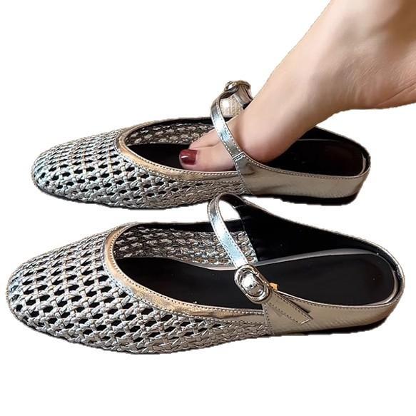 Sheepskin version~ retro handmade hollowed bag head half slippers women's 2025 summer outer wear breathable inner height increase cool slippers