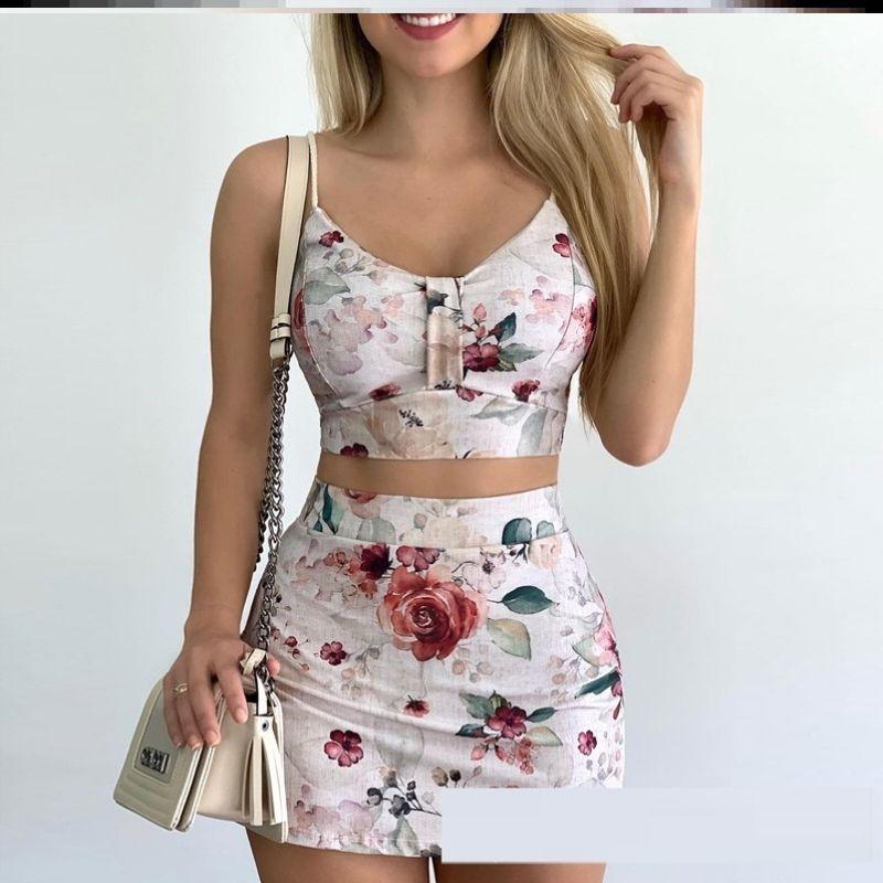 

2020 New Floral Sling Top Short dress Set Women Skirt Suit White M