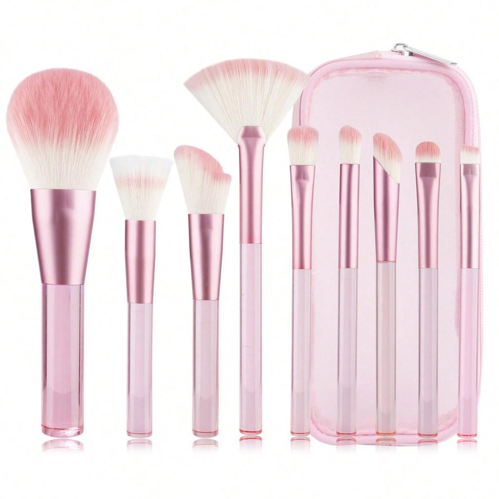 9Pcs Transparent makeup brushes set, blush brush, grooming brush, eyeshadow brush, loose powder brush, beauty tool with mesh bag