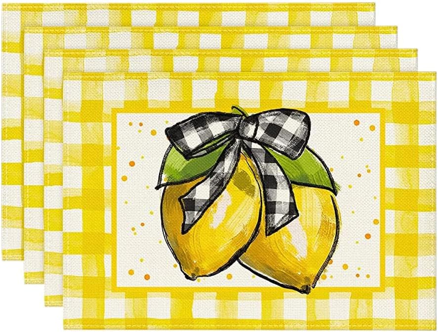 

Yellow Buffalo Plaid Lemon Placemats for Dining Table, 12 x 18 Inch Summer Seasonal Decoration Rustic Washable Table Mats Set of 4 4Pcs