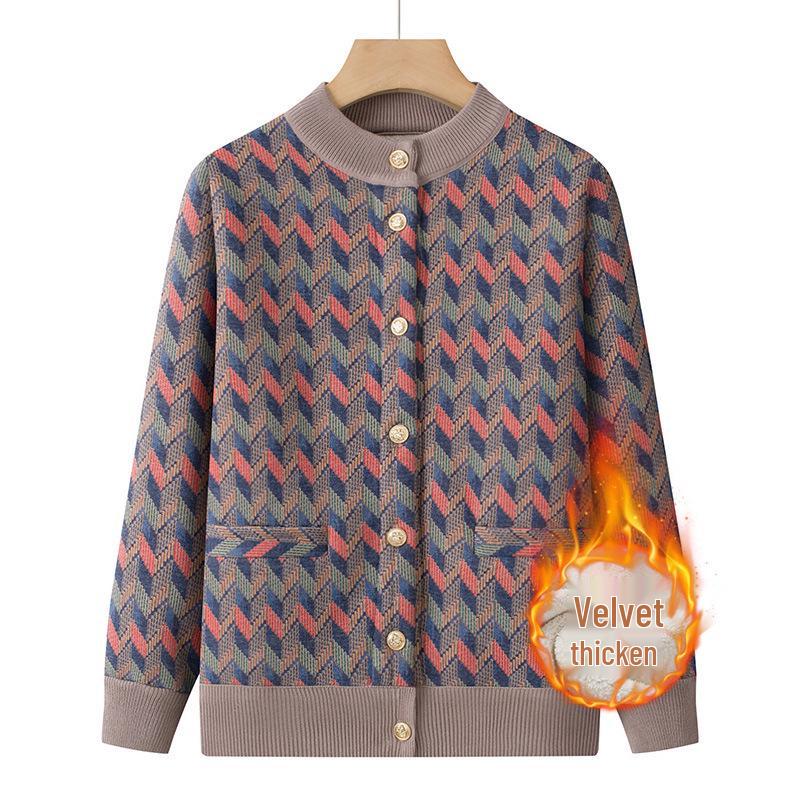 Women's Winter Wool Cardigan: Fleece-Lined Sweater for Middle-Aged & Elderly, Thickened for Autumn/Winter, Ideal for 60+.