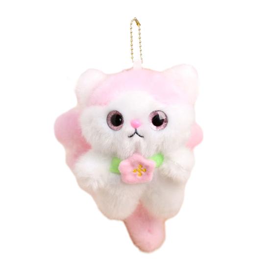 Cute Elf Cat Plush Doll Pendant Keychain Soft Skin-Friendly Plush with Wings And Floral Accent Portable Bag Charm Gift for Kids Cat Lovers