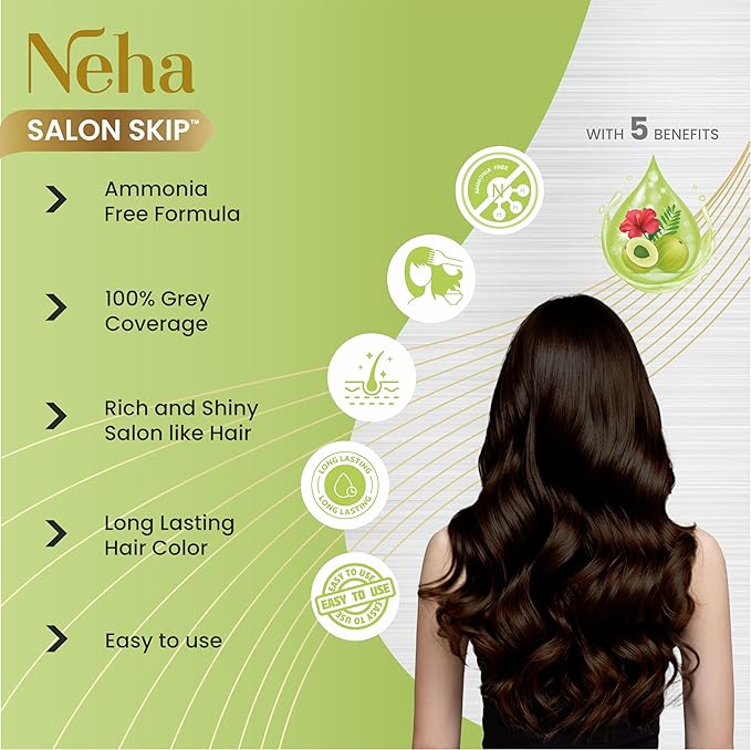 Neha Salon Skip Crème Hair Colour, Ammonia-Free Formula, Pack of 4 * 20g+20ml - Dark Brown