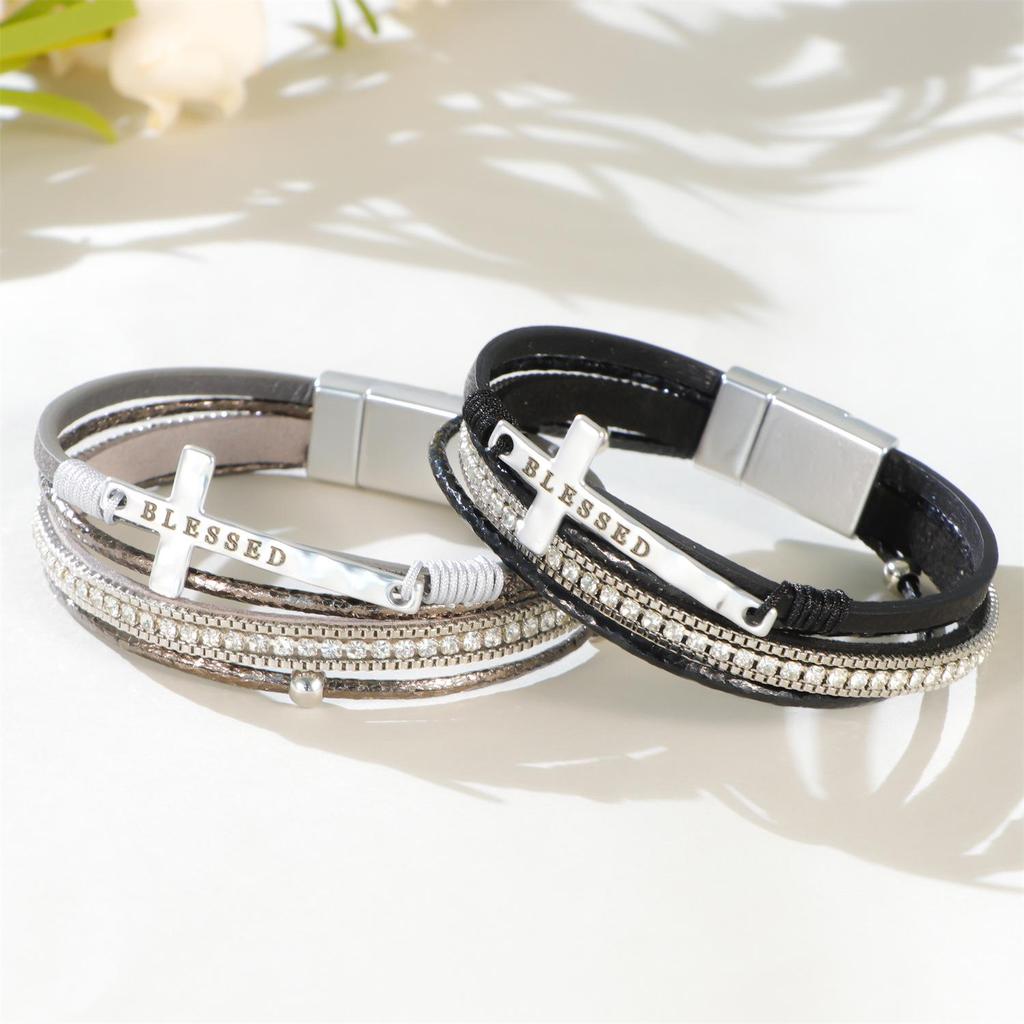 Bohemian Multi-Layer Leather Bracelet with Pave Diamonds
