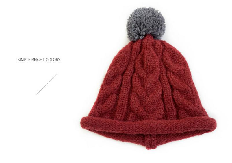Cat Brother Unisex Korean Style Color Block Pom-Pom Knit Beanie - Warm Wool Hat for Kids, Autumn/Winter