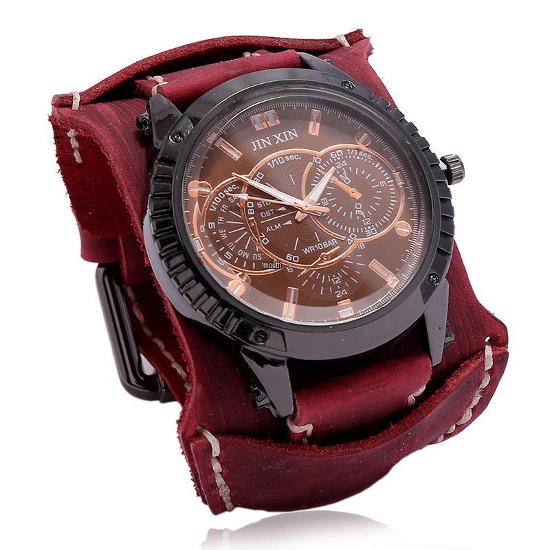 Retro Distressed Men's Cowhide Watch: European American Punk Wide Leather Bracelet Jewelry