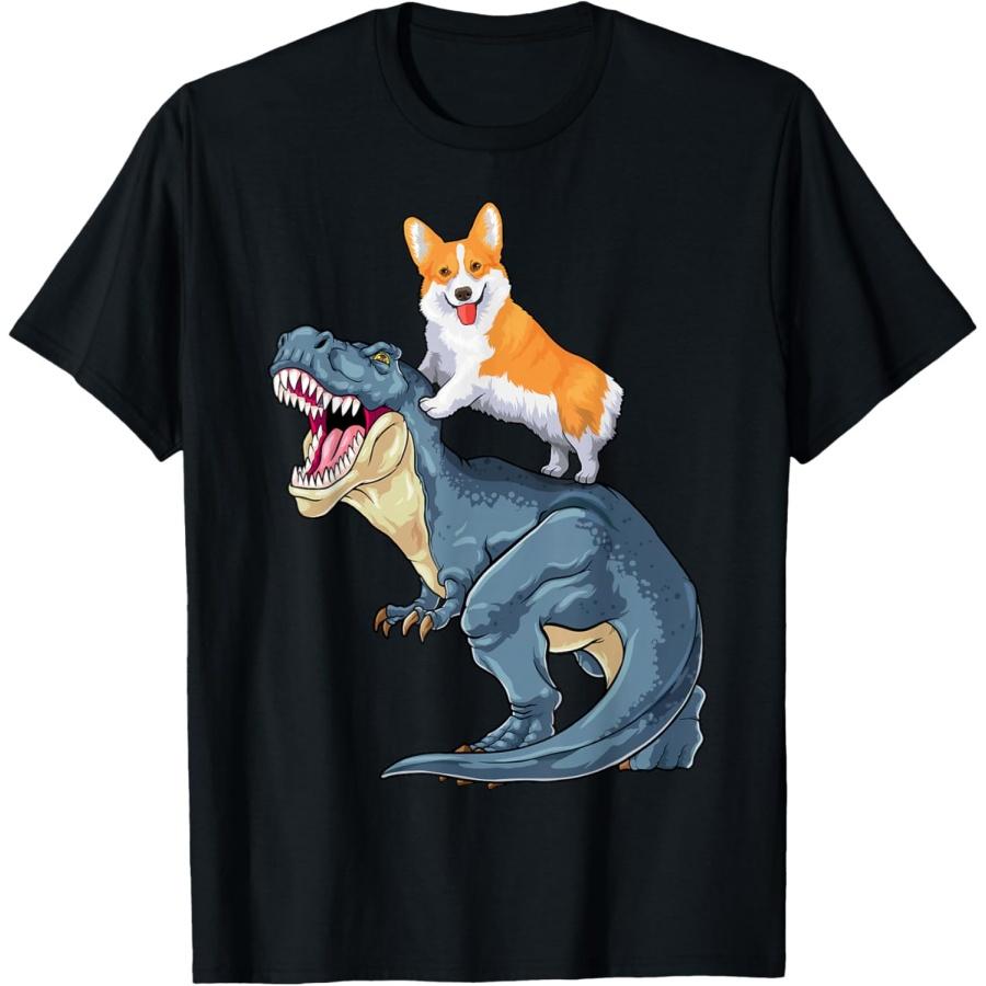Corgi Riding Dinosaur T Rex Dog Funny Corgi Space Kids Boys T-Shirt